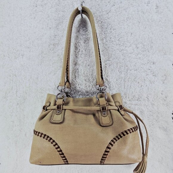 BRIGHTON Beige Pebble Leather Hobo Shoulder Bag Whipstitching Tassel Drawstring - Picture 7 of 16